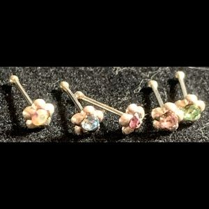 Sterling Silver Rhinestone Nose Studs, Set of 5 In Various Colors